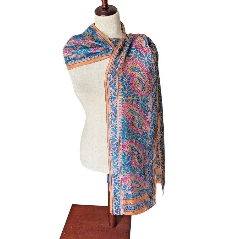 Art Scarf Rolled Edge Extra Long 10"x 98" Vintage Rectangle Paisley 100% Silk